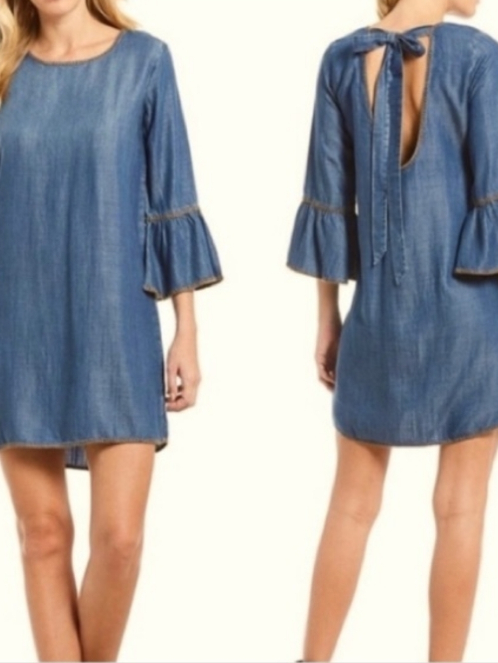 Casual Blue Denim-Style Mini Dress with Bell  Sleeves. NWOT Size Small